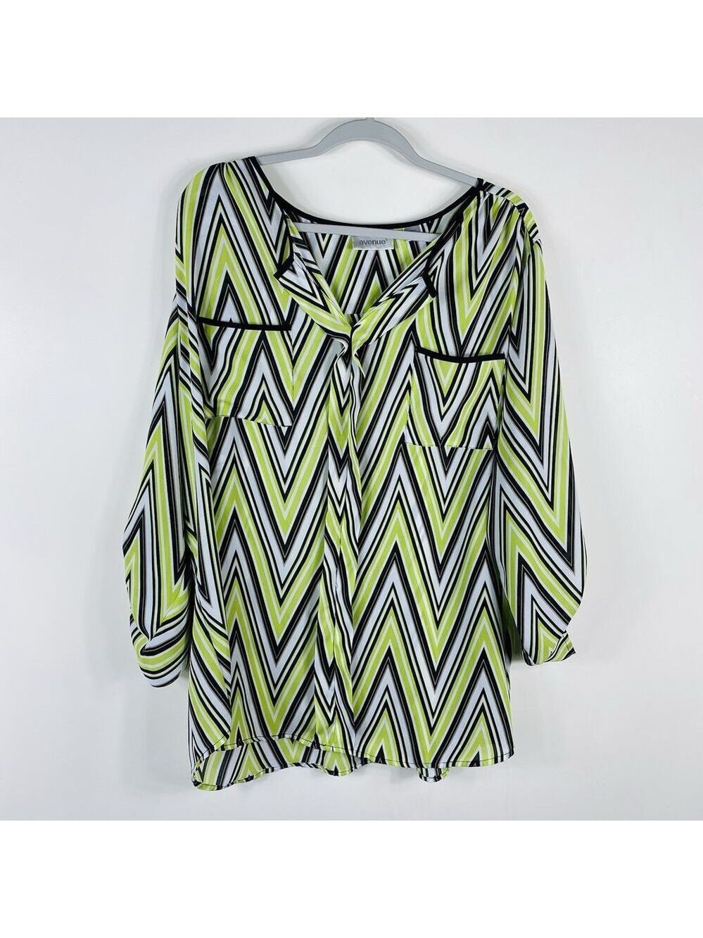 Avenue Lime Green Black White Chevron Print Blouse